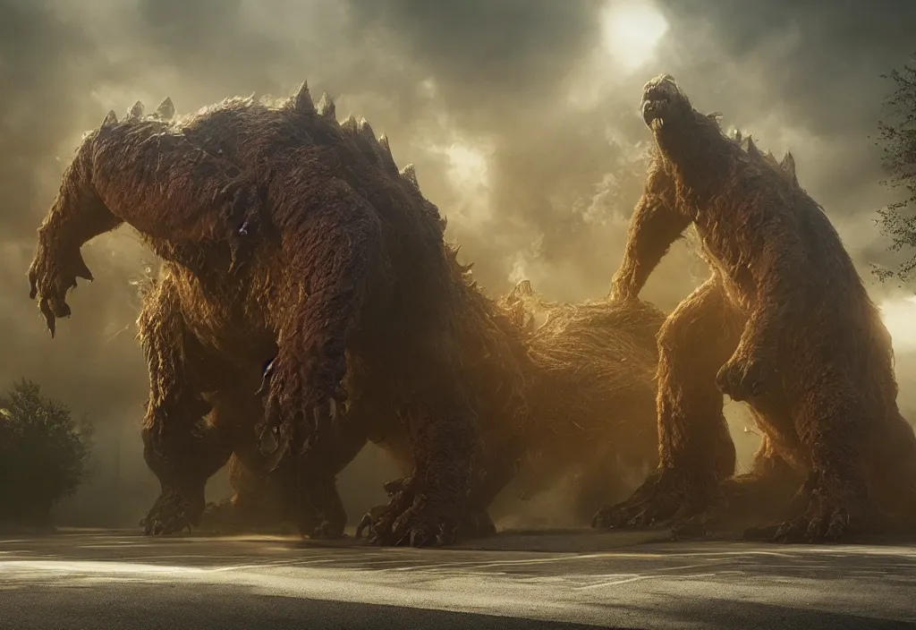 Image similar to vfx color film closeup, huge behemoth monster creature beast by aaron sims, four legs, in residential street, low - key lighting award winning photography arri alexa cinematography, hyper real photorealistic cinematic beautiful, atmospheric