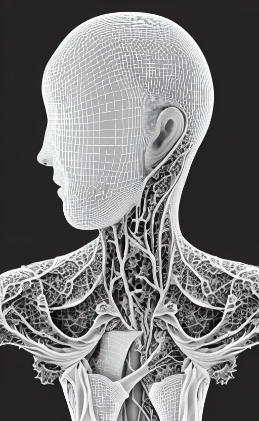 Image similar to a black and white 3D render of a beautiful profile face portrait of a female vegetal-dragon-cyborg, 150 mm, orchid stems, ivy, fine vegetal lace, Mandelbrot fractal, anatomical, flesh, facial muscles, microchip, veins, arteries, full frame, microscopic, elegant, highly detailed, flesh ornate, elegant, high fashion, rim light, octane render in the style of H.R. Giger