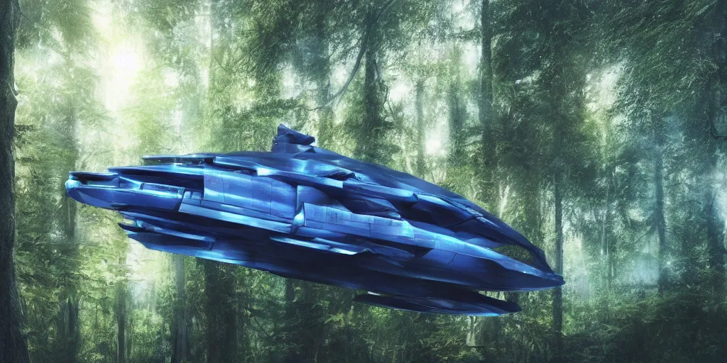 Prompt: a photorealistic detailed blue spaceship!!! highly detailed make hovering in the center of a forest, with ethereal light, 15mm lens, futuristica cathedral in the center of forest, photorealistic, octane render, 4k, specular light, shallow depth of field, concept art, artstation, highly detailed, art by john salminen, ivan shishkin, kim keever, pierre pellegrini and ash thorp