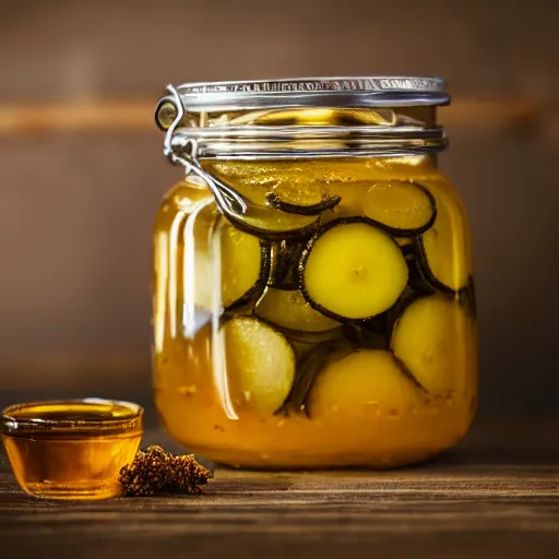 Prompt: a jar of honey with pickles inside, food photography, product image, honey pickles