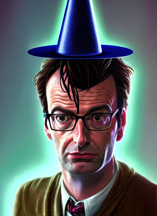 Image similar to portrait of the tenth doctor from doctor who wearing a party hat, intricate, elegant, glowing lights, highly detailed, digital painting, artstation, concept art, smooth, sharp focus, illustration, art by wlop, mars ravelo and greg rutkowski