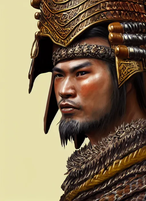 Prompt: tai warlord, closeup portrait, historical, ethnic group, traditional costume, bronze royal thai headset, leather shoulder armor, fantasy, intricate, with tai bronze artifacts, leather armor cross onbare chest, elegant, loin cloth, highly detailed, oill painting, artstation, concept art, matte, sharp focus, illustration, hearthstone, art by earl norem