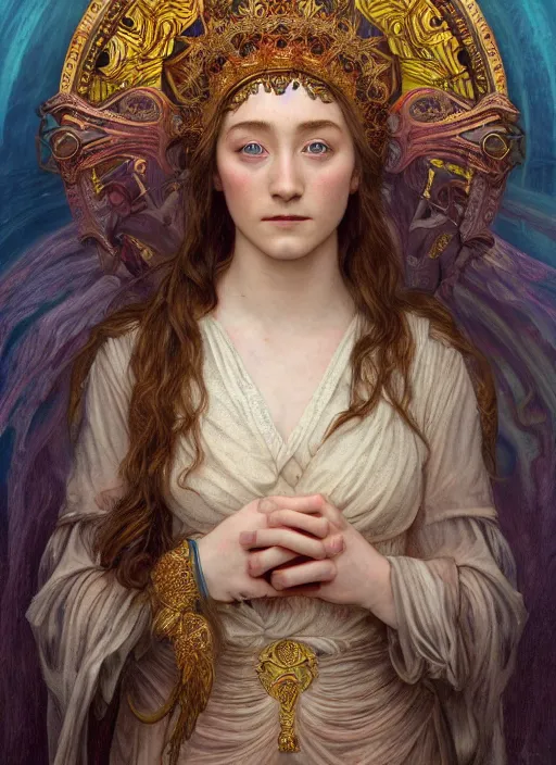 Image similar to Saoirse Ronan as God of Beauty, cute, fantasy, intricate, elegant, highly detailed, digital painting, 4k, HDR, concept art, smooth, sharp focus, illustration, art by alphonse mucha,artgerm, H R Giger