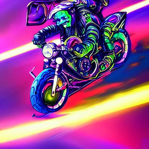 Image similar to psychedelic blacklight neon airbrush artwork, motorcycle, hyper stylized cinematic action shot of an orc racing on a motorcycle, menacing orc, drifting, skidding, wheelie, clear focused details, soft airbrushed artwork, black background, post apocalypse, cgsociety, artstation