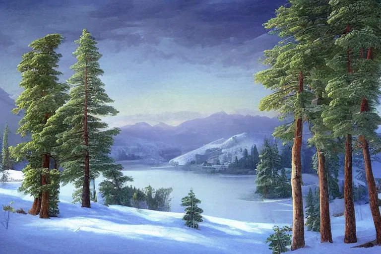 Image similar to beautiful landscape with winter and lake and pine trees, mythology, fantasy, landscape background, vivid colors, digital painting, very detailed, realistic, high quality, by claude lorrain