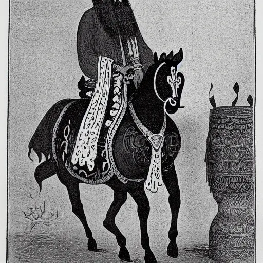 Prompt: persian folkore illustration of a bearded cowboy standing next to persianate emir