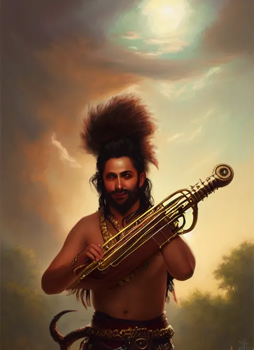 Image similar to a _ fantasy _ style _ portrait _ painting _ of islander male charismatic bard playing instrument, rpg dnd oil _ painting _ unreal _ 5 _ daz. _ rpg _ portrait _ extremely _ detailed _ artgerm _ greg _ rutkowski _ greg