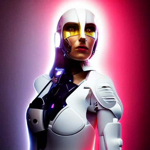 Prompt: a portrait of a female cyborg, fashion, streak lights, ligjt trail, color gel, photogtaphy, canon r 5, wide angle, white background, 3 d render, unreal engine, white suit