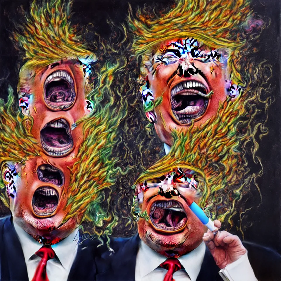 Prompt: weird and disturbing psychedelic donald trump smoking weed, laughing and screaming, ash burned on his face, horrible burns, diffuse lighting, fantasy, intricate, elegant, highly detailed, lifelike, photorealistic, oil painting, illustration, concept art, smooth, sharp focus, art by francis bacon