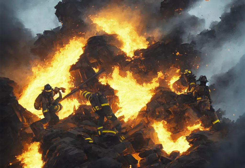 Image similar to heroic firefighter in action in black and yellow uniform, fire flames, sharp details, sharp focus, elegant, highly detailed, illustration, by jordan grimmer and greg rutkowski and pine ( ハイネ ) and 薯 子 imoko and 香 川 悠 作 and wlop and maya takamura, intricate