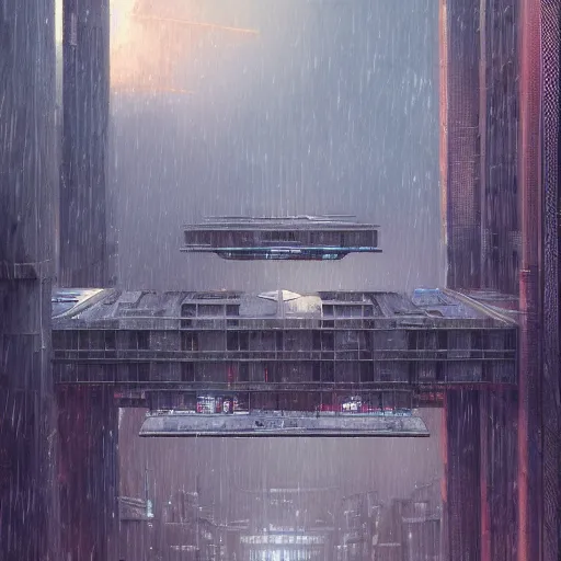 Prompt: highly detailed brutalist architecture city, star wars imperial style, while it's raining, stephen bliss, unreal engine, fantasy art by greg rutkowski, loish, rhads, ferdinand knab, makoto shinkai, ilya kuvshinov, rossdraws, global illumination, radiant light, detailed and intricate environment