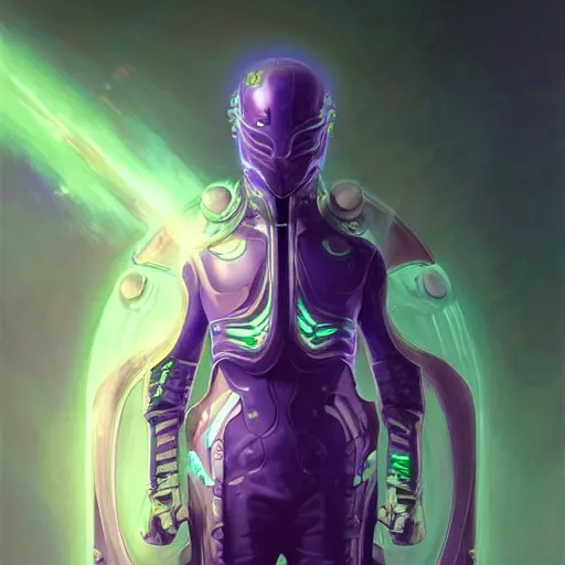 Image similar to Portrait of plant based man wearing futuristic armor with augmented reality headset, purple lighting, intricate, ominous, highly detailed, digital painting, artstation, smooth, sharp focus, illustration, art by artgerm and greg rutkowski and alphonse mucha and Wayne Barlowe and william-adolphe bouguereau