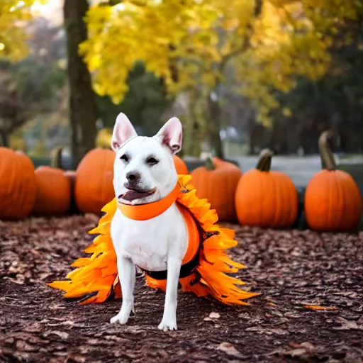 Prompt: dog wearing pumpkin costume, award - winning 4 k photography