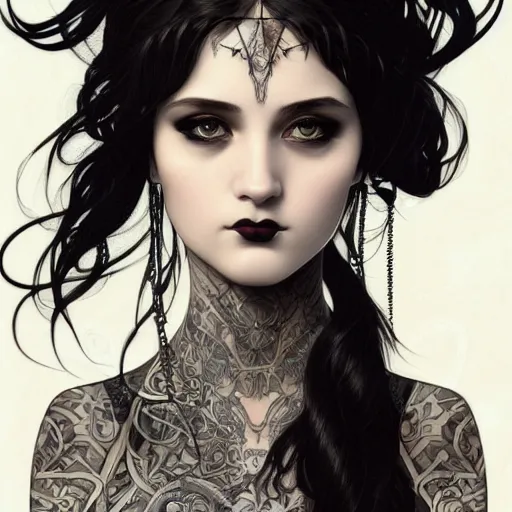 Prompt: a vector illustration portrait of a sad goth girl with tattoo, intricate, elegant, highly detailed, digital painting, artstation, concept art, smooth, sharp focus, illustration, art by artgerm and greg rutkowski and alphonse mucha and william - adolphe bouguereau