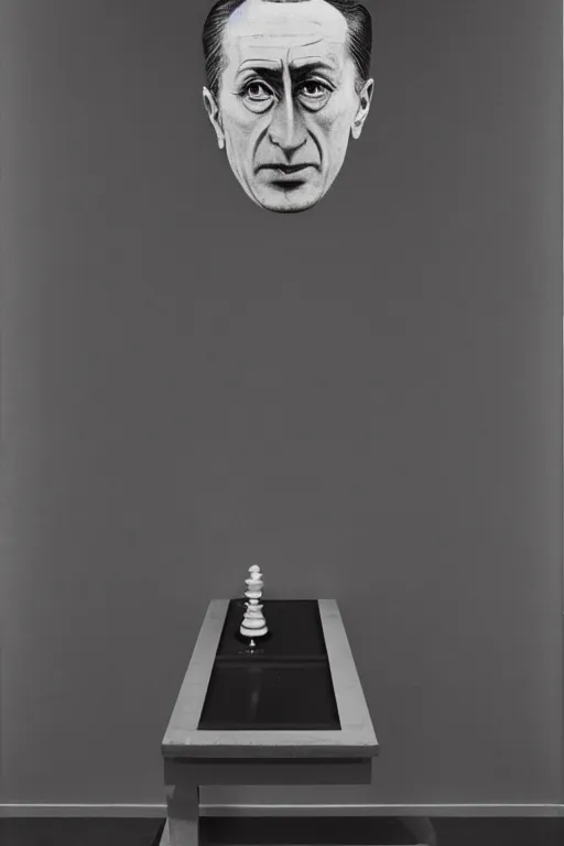 Image similar to a minimalist portrait of Marcel Duchamp connected to an ancient chess machine in the style of Irving Penn, Hito Steyerl, Shinya Tsukamoto, Saâdane Afif, Caravaggio, Pieter Hugo line drawing and 35mm film, wide angle, monochrome, futuristic tetsuo