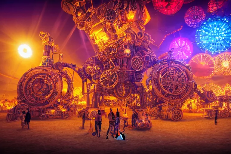 Prompt: scene is burning man festival, portrait photo of a giant huge golden and blue metal steampunk robot, with gears and tubes, eyes are glowing red lightbulbs, audience selfie, shiny crisp finish, 3 d render, 8 k, insaneley detailed, fluorescent colors, haluzinogetic, background is multicolored lasershow