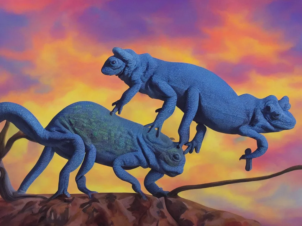 Prompt: Chameleon and tapir collaborating when crafting a lambda statue, cloudy sunset skies in the background. detailed art by Julie Bell