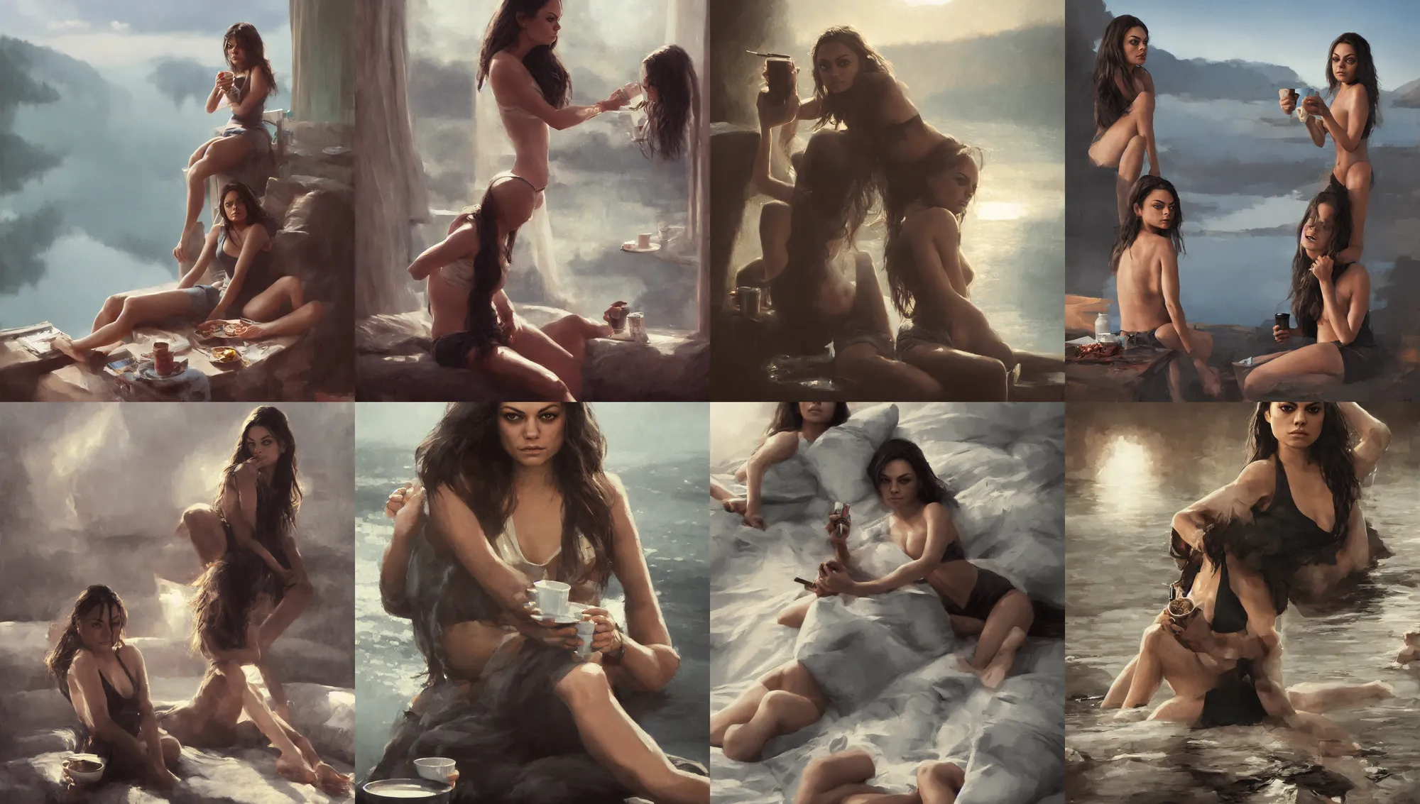 Image similar to mila kunis waking up with coffee and cigarettes, dramatic light, lake background, 2 0 0 mm focal length, 1 9 7 0 s, painted by stanley lau, painted by greg rutkowski, painted by stanley artgerm, digital art, trending on artstation