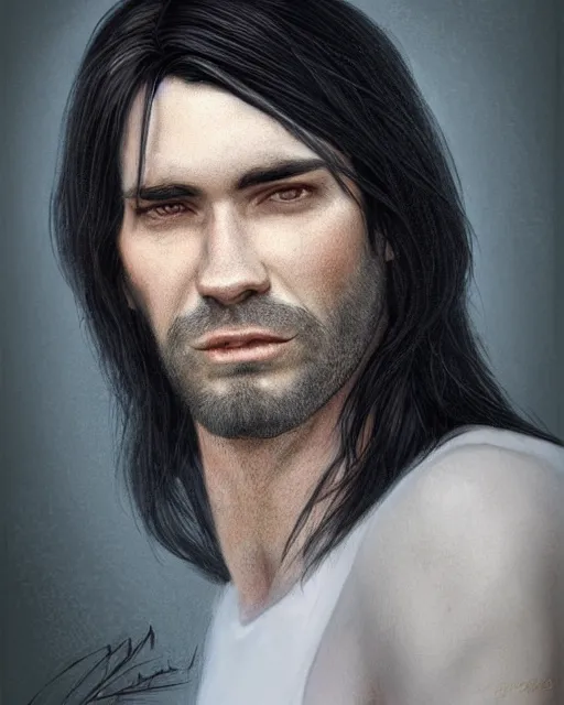 Prompt: portrait of tall, 3 3 - year - old handsome man with long dirty black hair, and ice grey eyes, wearing black clothes, no beard, hyper realistic face, beautiful grey eyes, character art, art by mark brooks, hyperdetailed, cryengine, trending on artstation, digital art