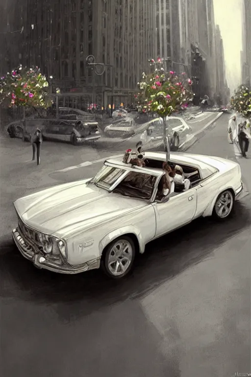 Image similar to ultra realistic illustration, old white vintage car in the new york city with flowers blooming out the window, side view, elegant, highly detailed, digital painting, concept art, smooth, sharp focus, illustration, art by artgerm and greg rutkowski and alphonse mucha