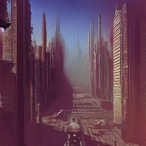 Prompt: a retro cyberpunk city by zdzislaw beksinski and syd mead