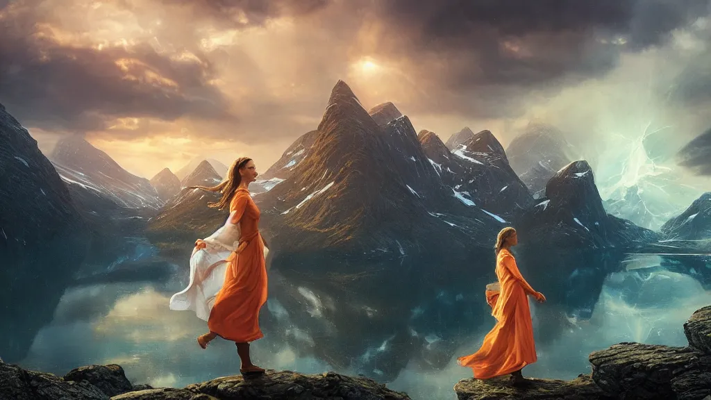 Prompt: wizard, norway fjord, natalie portman, hudson river school, max rive, royal dress, f 1 6, bokeh, gentle, female, snowy, storm clouds, god rays, close up portrait, d & d, fantasy, elegant, teal orange color palette, concept art, roger deakins and greg rutkowski and alphonse mucha