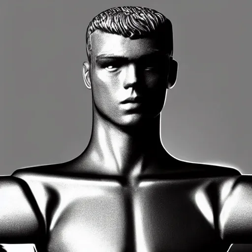 Image similar to “a realistic detailed photo of a guy who is an attractive humanoid who is half robot and half humanoid, who is a male android, boxer Canelo Álvarez, shiny skin, posing like a statue, blank stare”