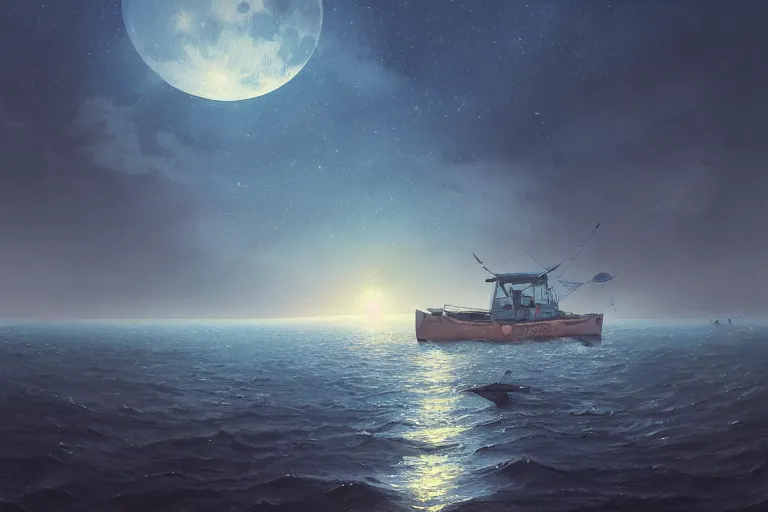 Image similar to a highly detailed matte painting of a fishing boat on lake under moon and stars by studio ghibli, makoto shinkai, by artgerm, by wlop, by greg rutkowski, volumetric lighting, cyberpunk, octane render, 4 k resolution, trending on artstation, masterpiece