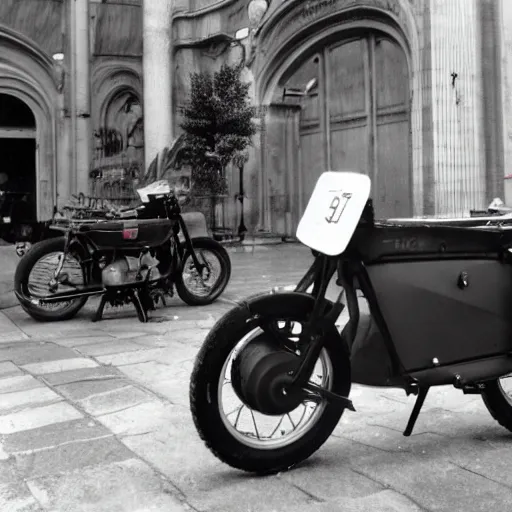 Prompt: fiat 5 0 0 motorcycle, a prototype demo at the hall of science