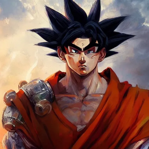 Image similar to masterpiece portrait painting of medieval goku by wlop and greg rutkowski, highly detail, featured in art station