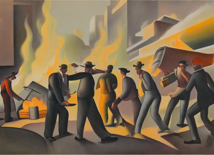 Image similar to a painting of people standing around a burning dumpster, an art deco painting by thomas hart benton, cg society, american scene painting, dystopian art, constructivism, academic art