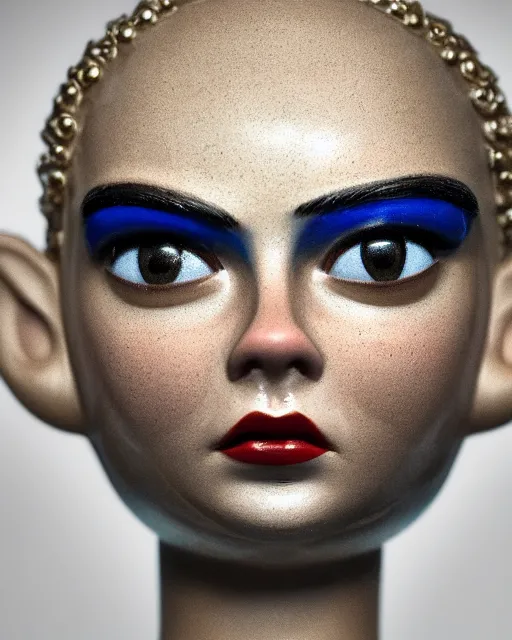 Image similar to closeup face profile portrait of cara delevingne as a tin toy swim champ, bikini, depth of field, zeiss lens, detailed and intricate environment, fashion photoshoot by nicoletta ceccoli, mark ryden, lostfish, breathtaking, 8 k resolution, artistic, hyperrealistic, octane render