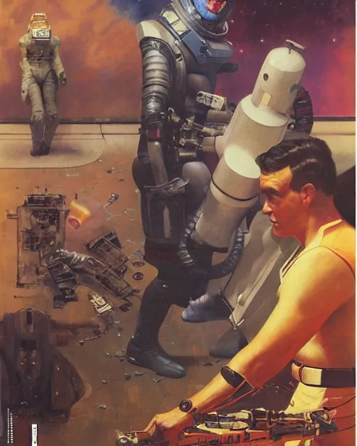 Image similar to pulp 5 0 s scifi cover, spaceman meets man from venus, painted by ruan jia, raymond swanland, lawrence alma tadema, zdzislaw beksinski, norman rockwell, jack kirby, tom lovell, alex malveda, greg staples