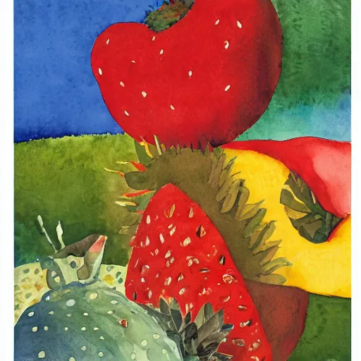 Prompt: watercolor and collage by eric carle, of a man thinking about fruit, peaceful mood, movie poster