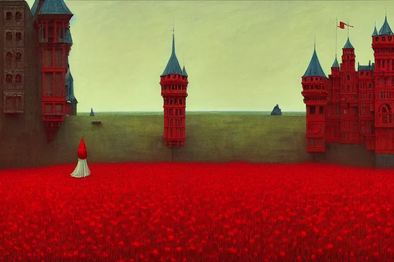 Image similar to only with red, red flowers of different types, red castle in background, red medieval goblins, in the style of beksinski, parts by edward hopper, parts by rodcenko, parts by yue minjun, intricate and epic composition, red by caravaggio, insanely quality, highly detailed, masterpiece, red light, artstation, 4 k