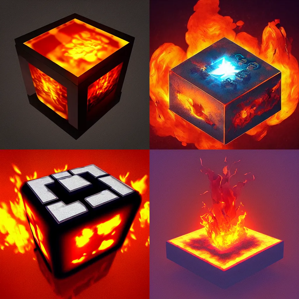 Prompt: “cube made of fire, cinematic, trending on artstation”