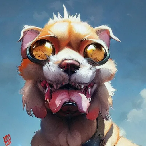 Prompt: anime dog with muscles, highly detailed, muscular, very cute face, strong, vibrant background, digital art, pixiv fanbox, artstation, by greg rutkowski, wlop, miyazaki hayao