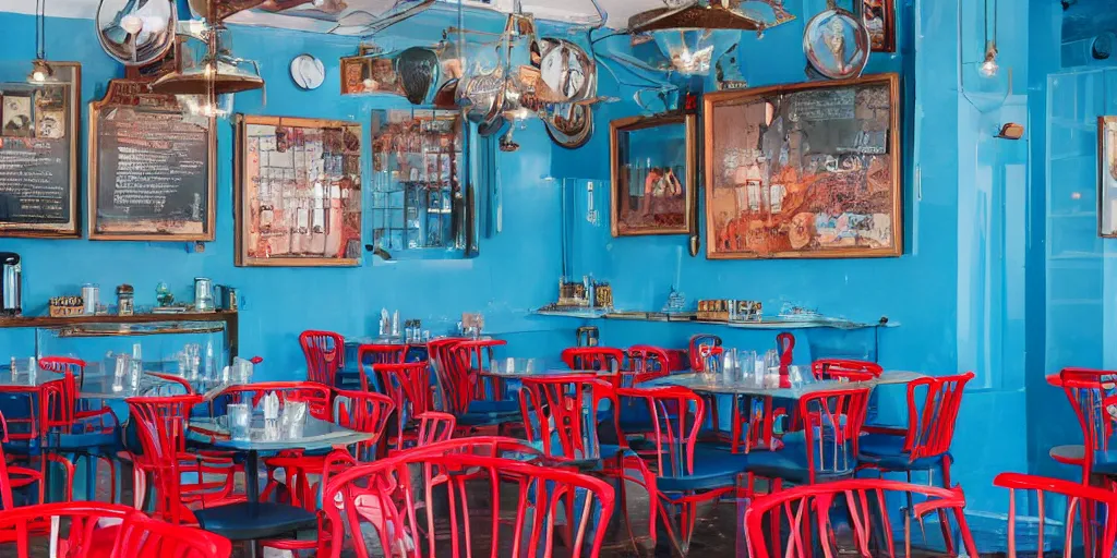 Image similar to cafe interior, blue and red tones