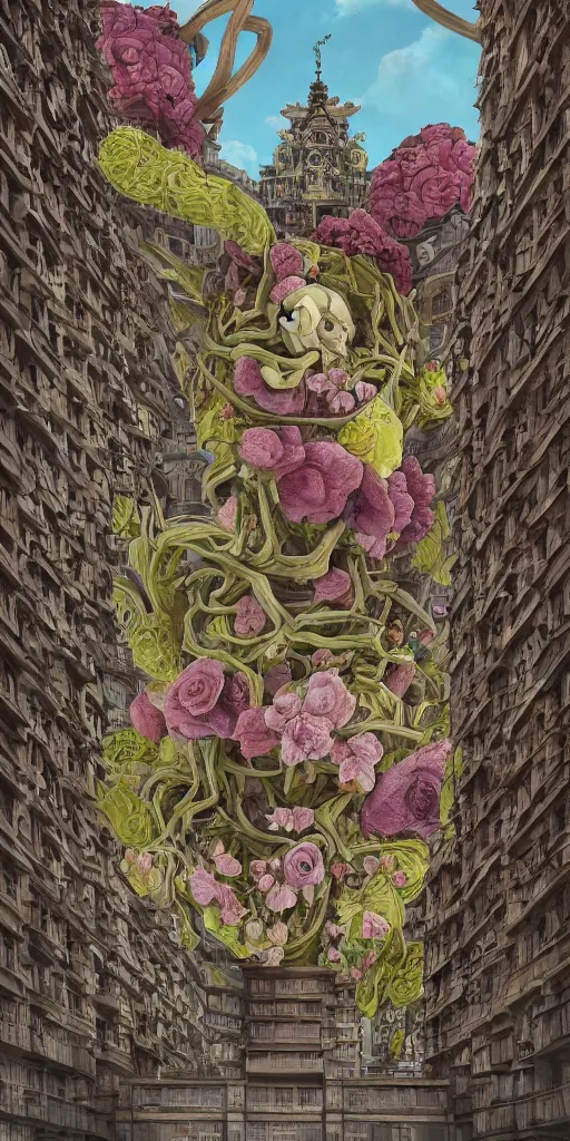 Image similar to colossal grotesque flower in the middle of abandoned early soviet constructivist cityscape, Stalinist architecture, ultradetailed by Hayao Miyazaki and Josan Gonzalez and Makoto Shinkai and Giuseppe Arcimboldo and Wes Anderson