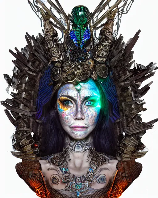 Image similar to 3 d warrior goddess medium shot portrait. beautiful intricate highly detailed magpie helm, shattered armor, kintsugi, quetzalcoatl, bioluminescent, lava, ice, in the style of chiara bautista,