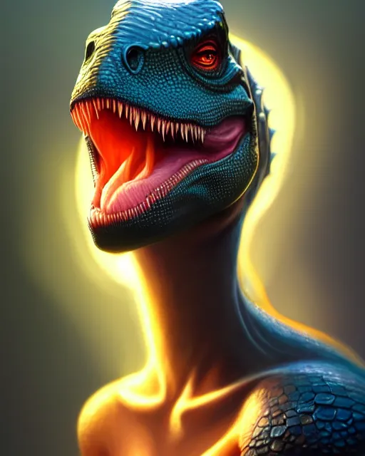 Prompt: sensual dinosaur, glam, fae, glowing skin, intricate, elegant, highly detailed, digital painting, artstation, concept art, smooth, sharp focus, illustration, art by artgerm and greg rutkowski and fra angelico and unreal engine 5