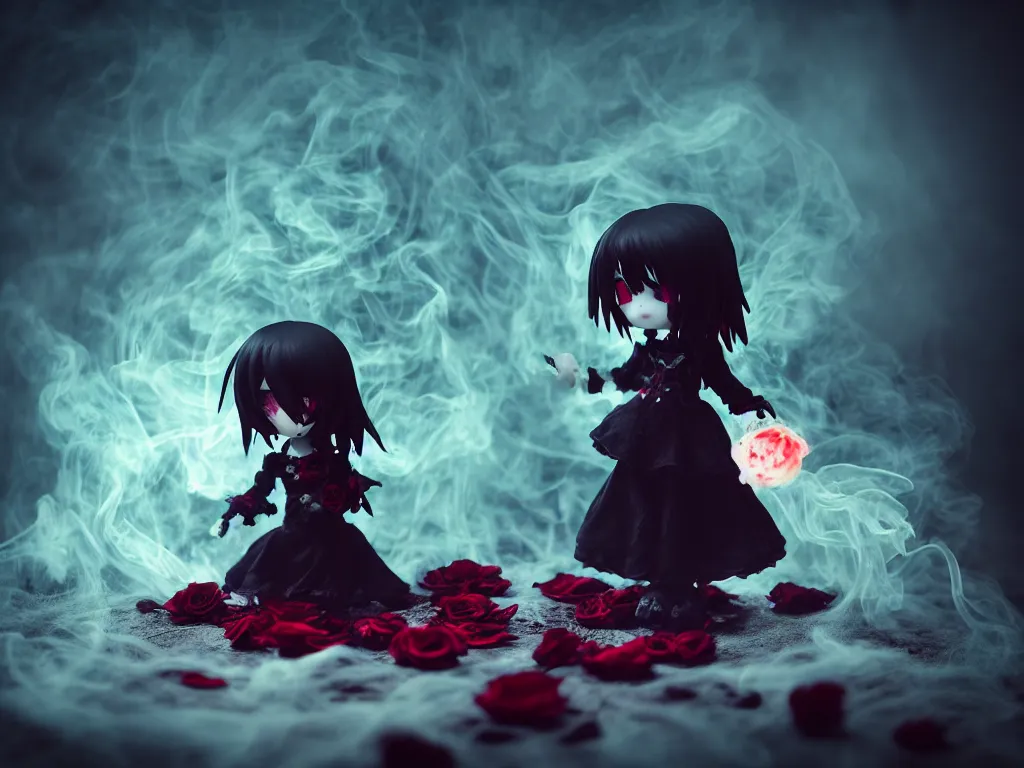 Prompt: cute fumo plush of a gothic maiden girl clutching lots of decayed roses, stale twilight, swirling vortices of emissive smoke and volumetric fog over the river, bokeh, vignette, vray