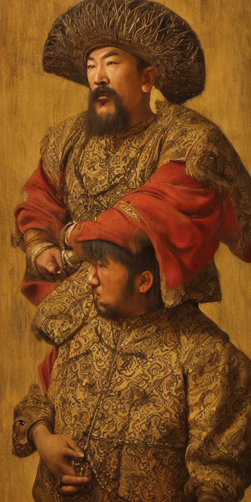 Image similar to Highly detailed and cinematic Renaissance period portrait oil painting Kublai Khan, an oil painting ((masterpiece)) by ((Josep Tapiró Baró)), dynamic lighting, 8K