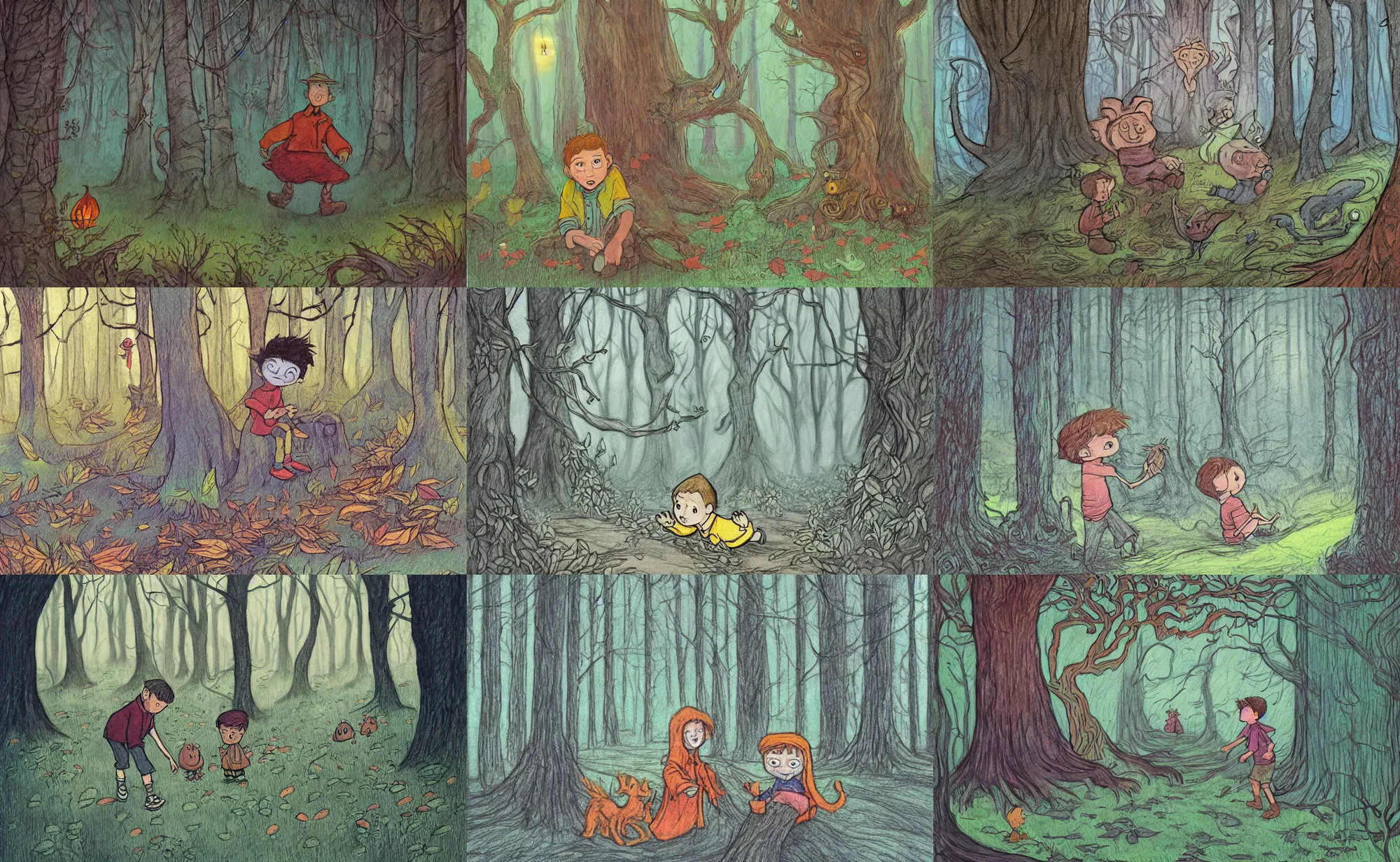 Prompt: children book illustration of boy in haunted forest, by beatrice blue, by julia sarda, by loish, by szymon biernacki. guache, crayons, pastels. dark. hand drawn. low saturation. stylized. cute. intricate. detailed, textured, orthoview.