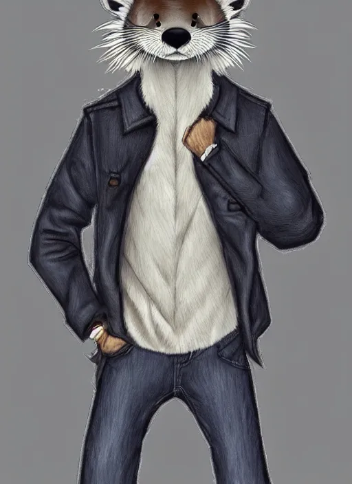 Prompt: expressive stylized master furry artist digital colored pencil painting full body portrait character study of the otter ( sergal ) small head fursona animal person wearing clothes jacket and jeans by master furry artist blotch