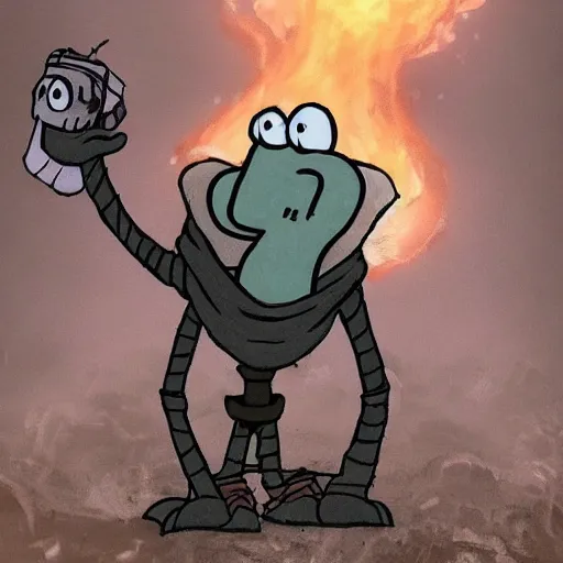 Prompt: squidward as a dark souls boss