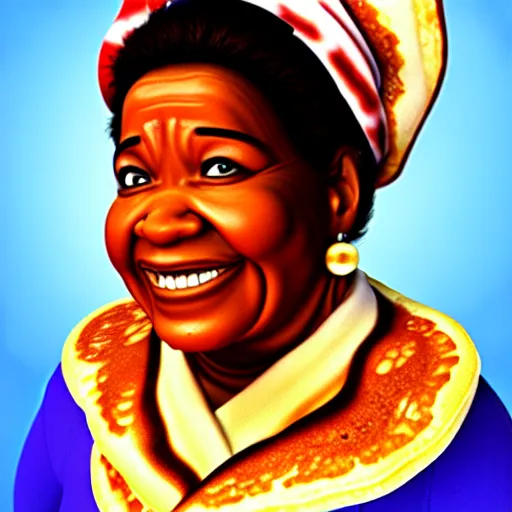 Image similar to uhd photorealistic pancake portrait of aunt jemima.