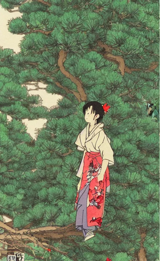 Image similar to by studio ghibli, pixiv, concept art, girl next to a japanese crane bird in japanese pines, trading card front, kimono, realistic anatomy, sun in the background