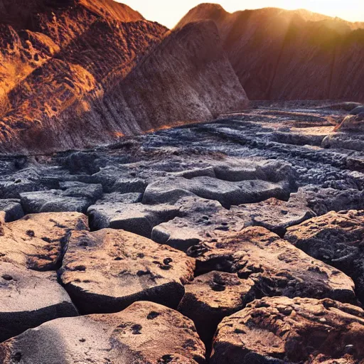 Prompt: huge deep stone quarry landscape bottom-up view of dirty stones in a quarry of different fractions in the evening light ultra detailed by Emmanuel Lubezki, golden hour, atmospheric lighting, 8k resolution, best color graded, vray beautiful, hyper-realistic render W 1920 H 1080