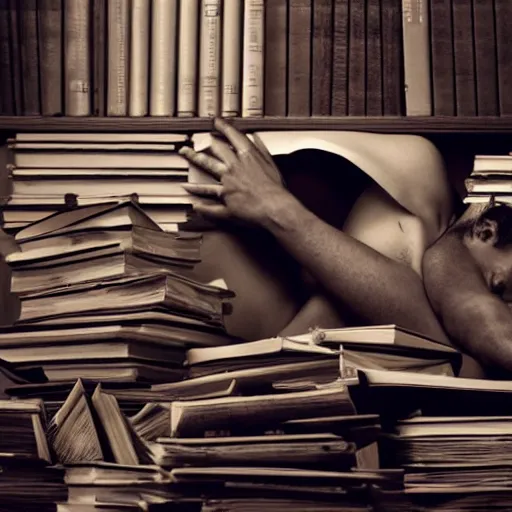 Prompt: a disturbing, melancholy photograph of a solemn, lonely humanoid golem locked up in a synagogue attic, laying on a pile of books